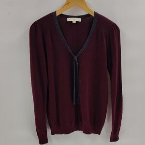LOFT Sweater Small Burgundy Gray Trim Tie Long Sleeve V Neck